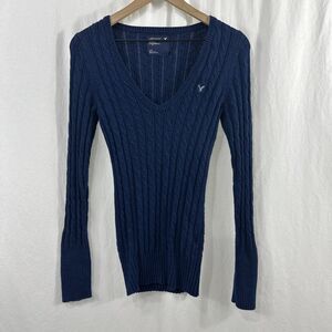 American Eagle Y2K Blue Cableknit Vneck Longline Sweater Womens Size L Preppy